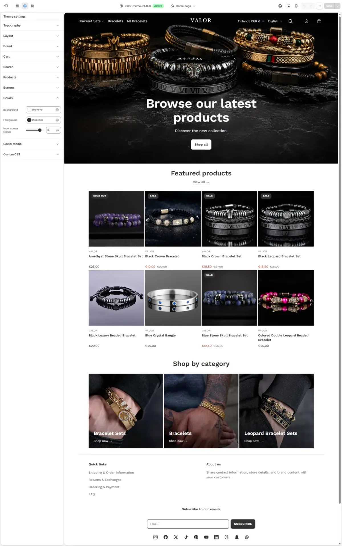 Valor theme — color settings with color pickers
