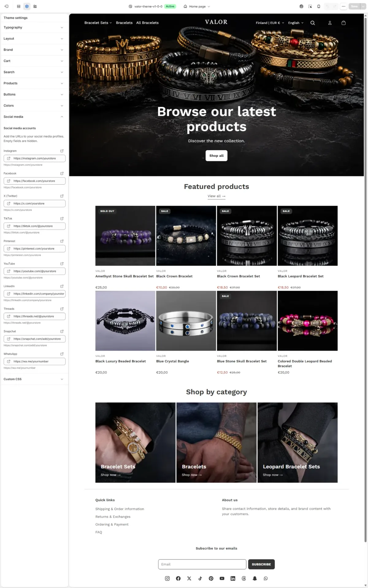 Valor theme — social media links for ten platforms
