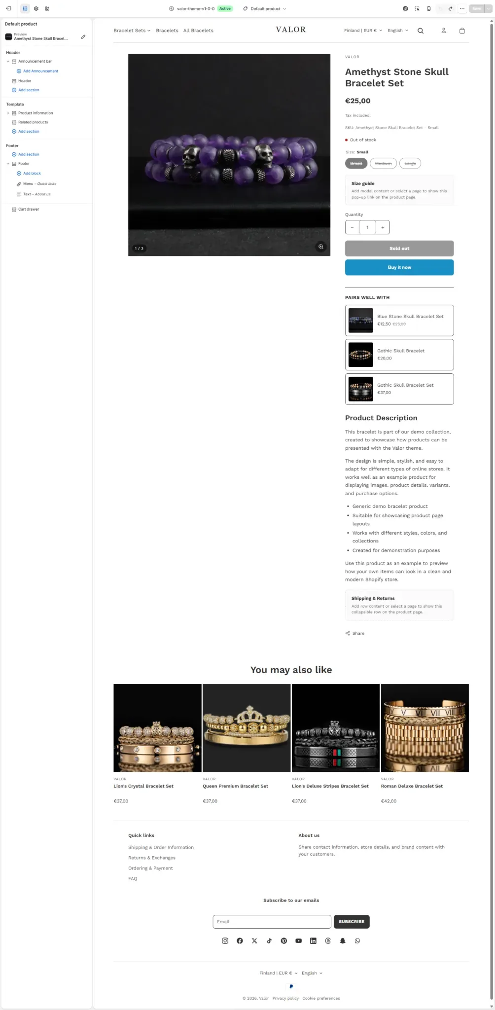 Valor theme — product page template with variants and related products
