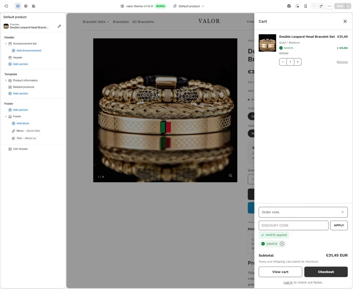 Valor theme — cart drawer open with discount code applied