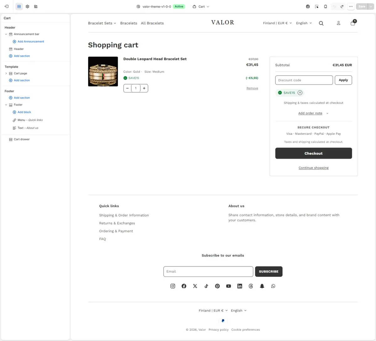 Valor theme — full cart page with secure checkout badges