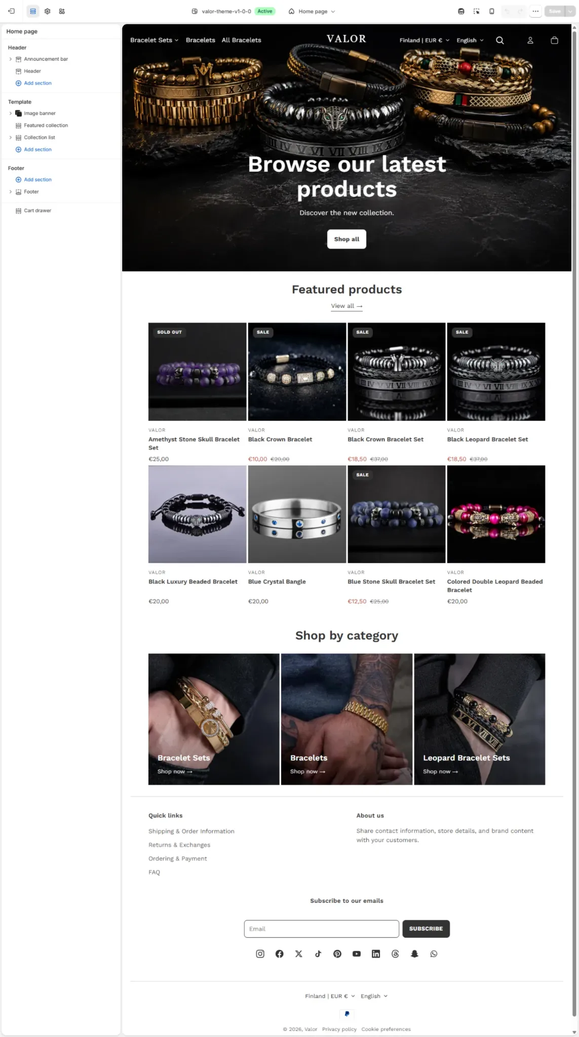 Valor in Shopify's Theme Editor — full homepage with section panel