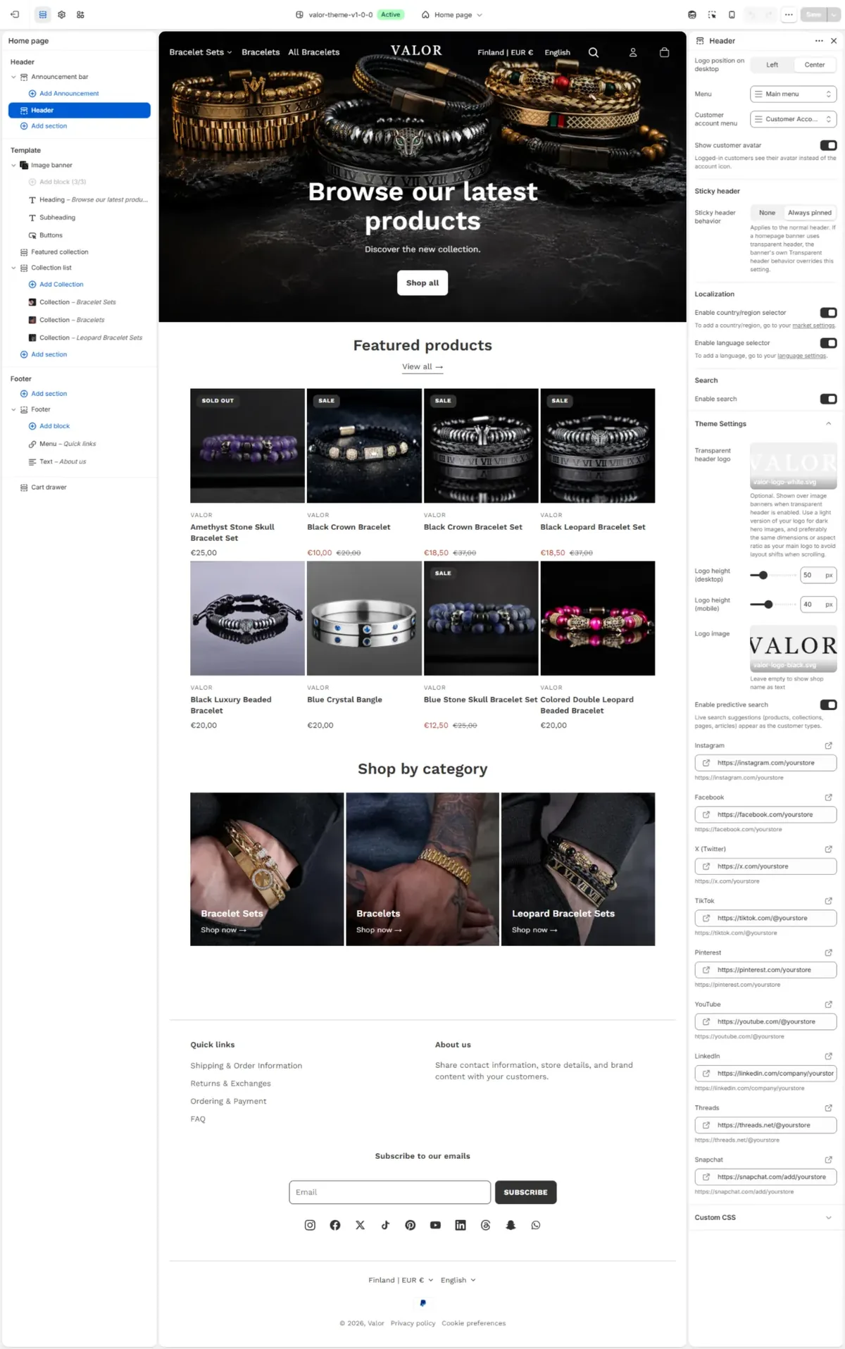 Valor theme — header section settings panel