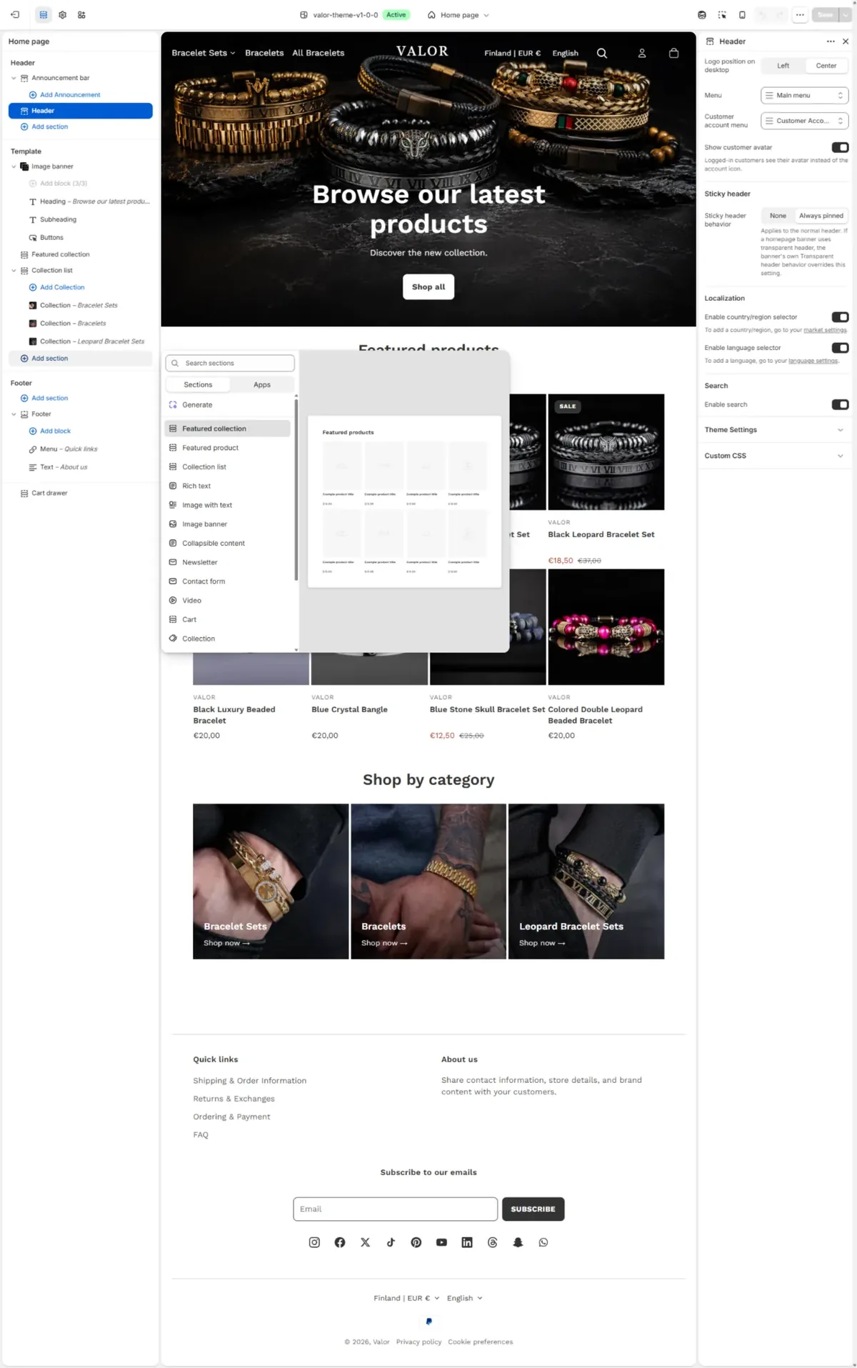 Valor theme — available sections dropdown
