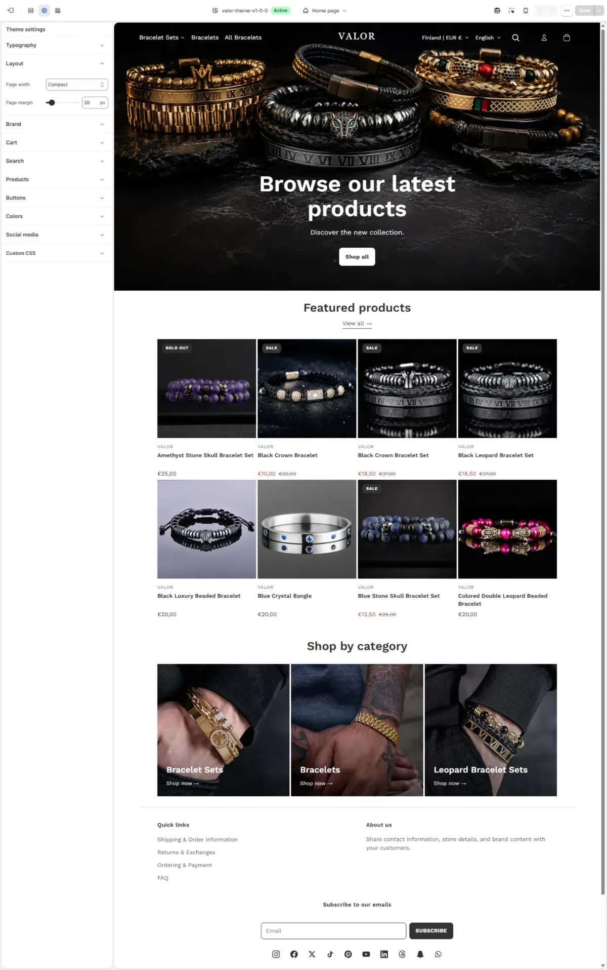 Valor theme — layout settings