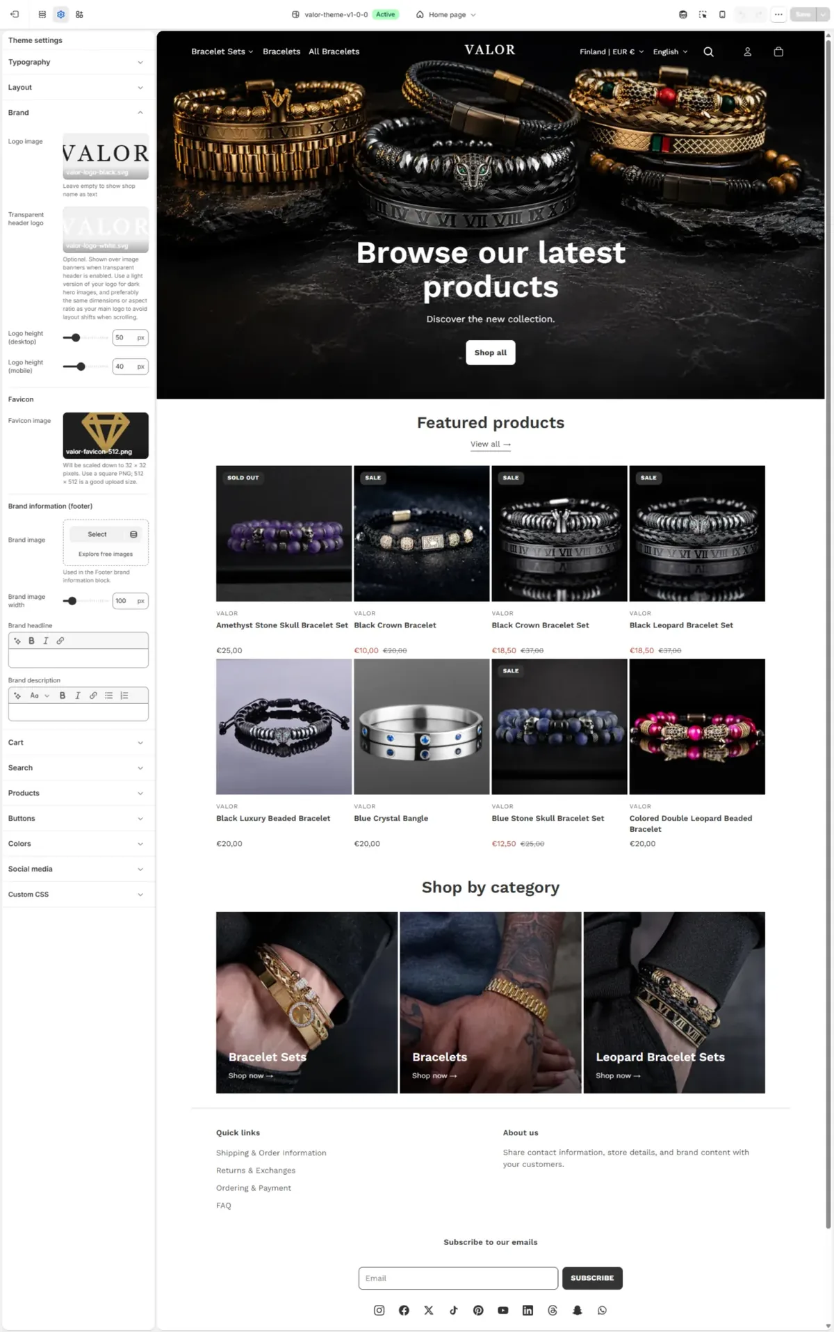 Valor theme — brand and logo settings