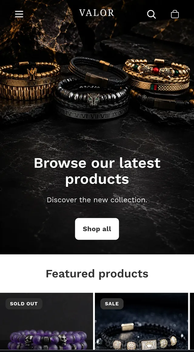 Valor theme — mobile homepage hero with bracelet imagery