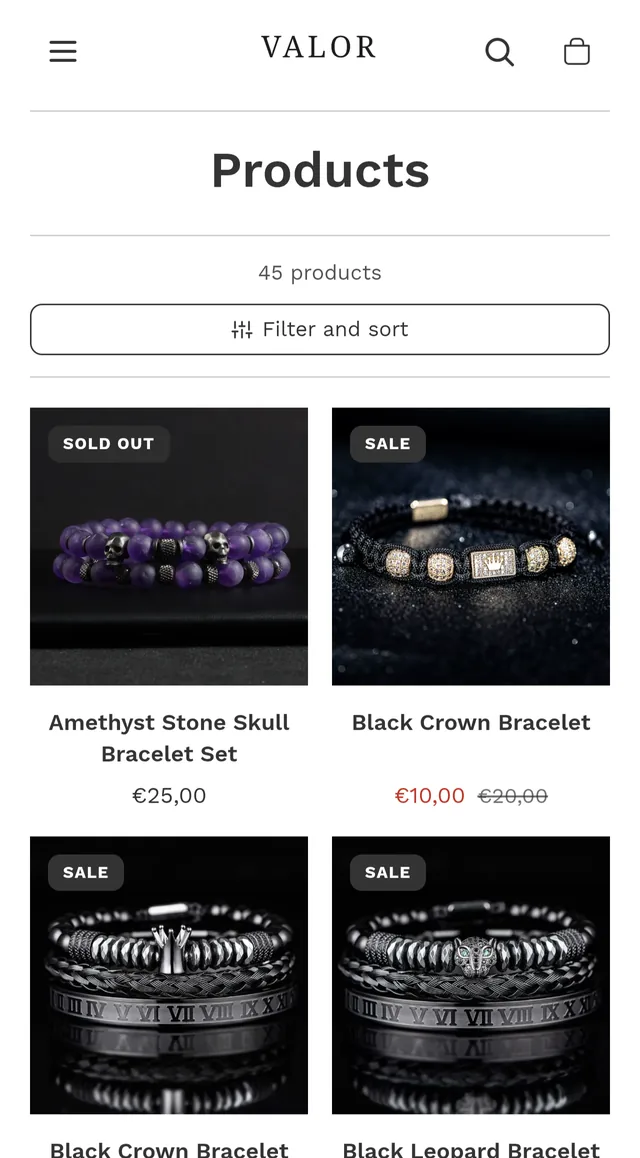 Valor theme — mobile collection page with filter and sort
