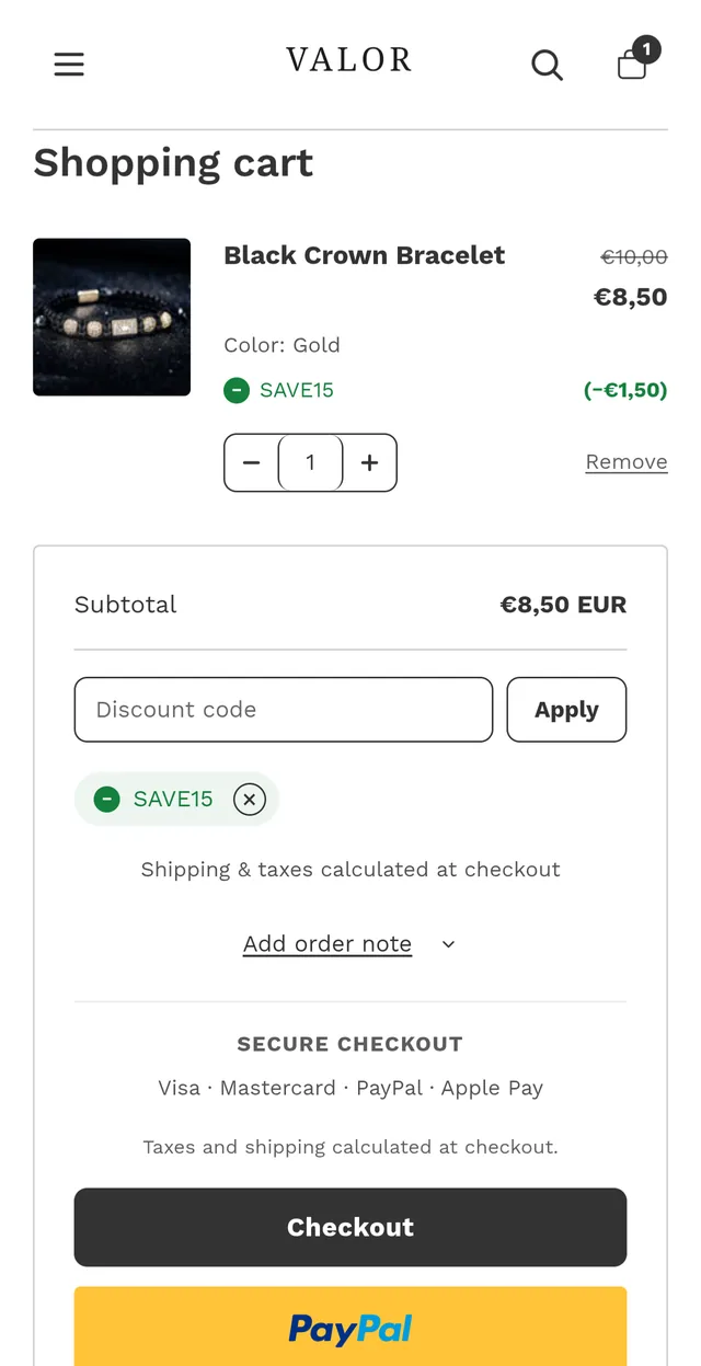 Valor theme — mobile cart page with secure checkout badges