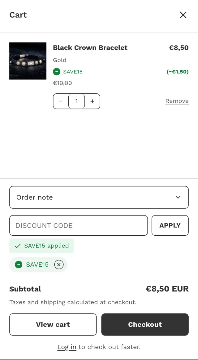 Valor theme — mobile cart drawer with discount code applied