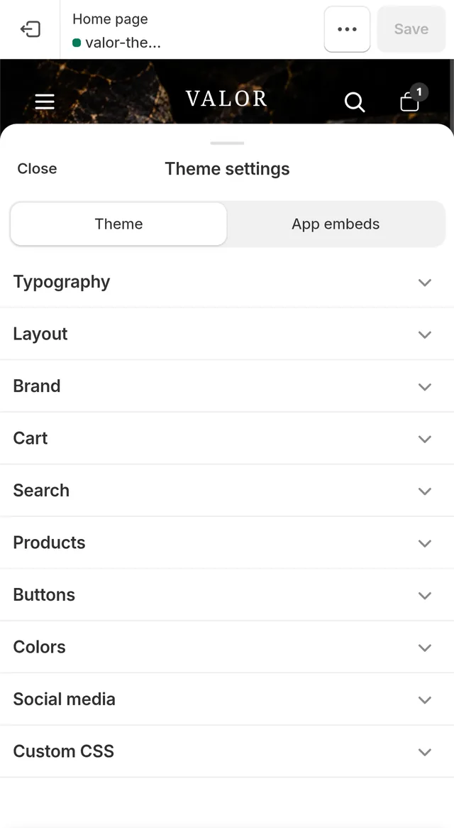 Valor theme — mobile Theme Editor with all settings panels