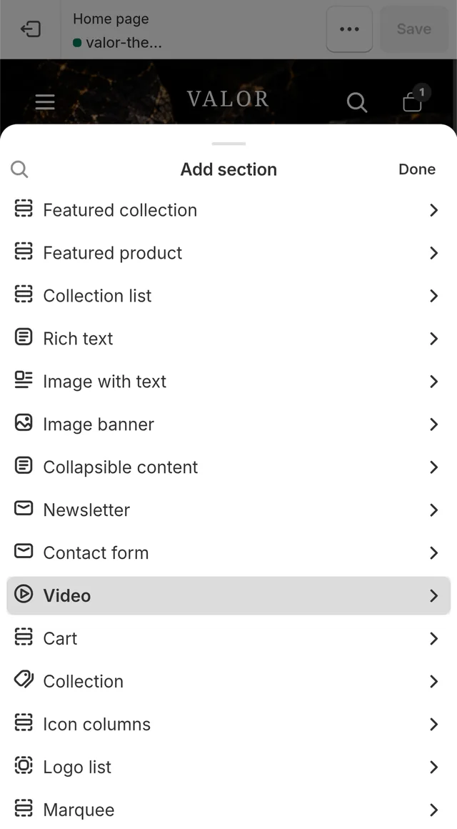 Valor theme — mobile Theme Editor add section menu